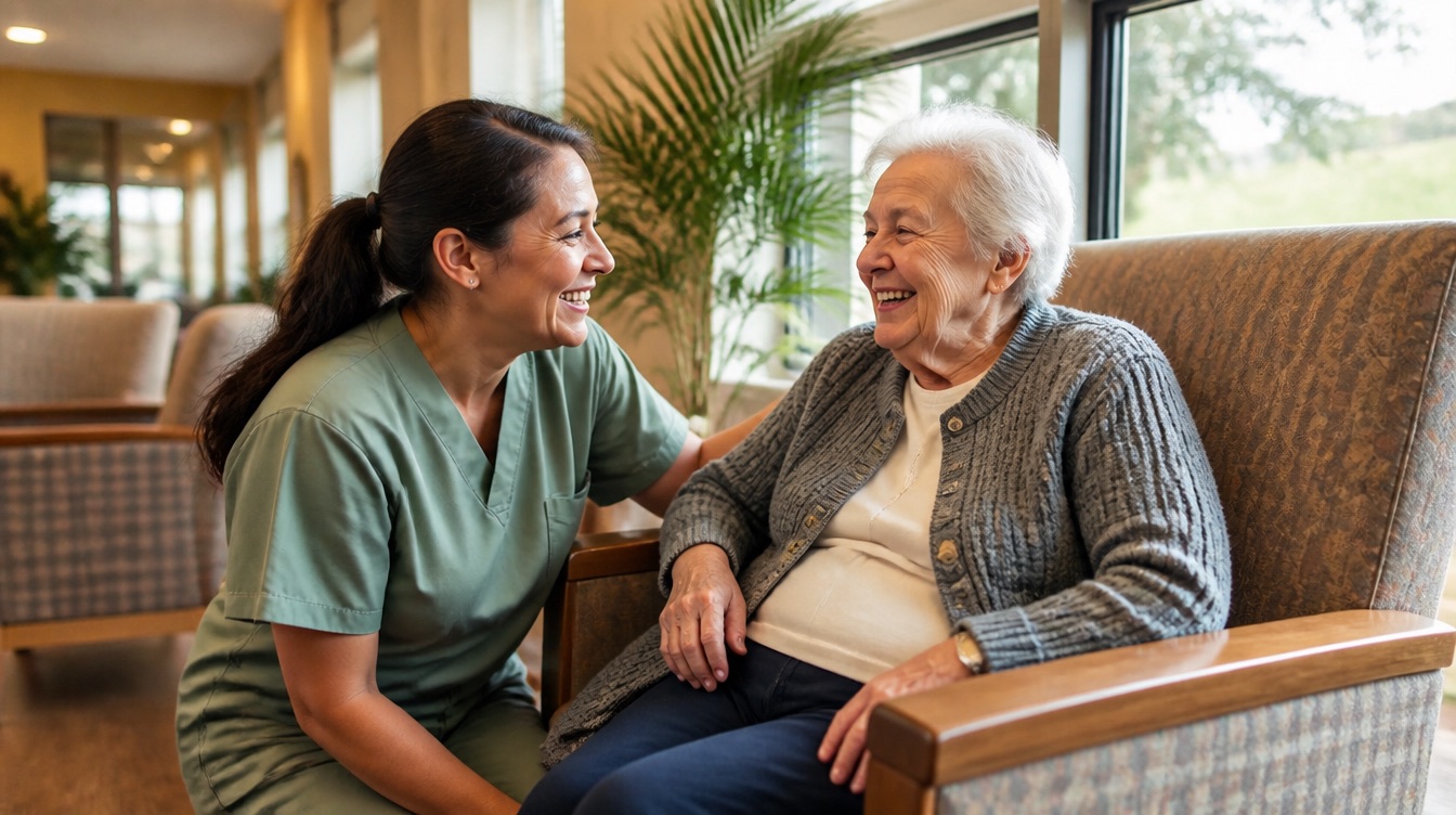 A caregiver shares a laugh with an elderly woman seated by the window of a care home.