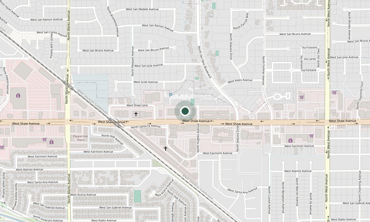 Street map of the blocks around West Shaw Avenue in Fresno, with the office marked in green.